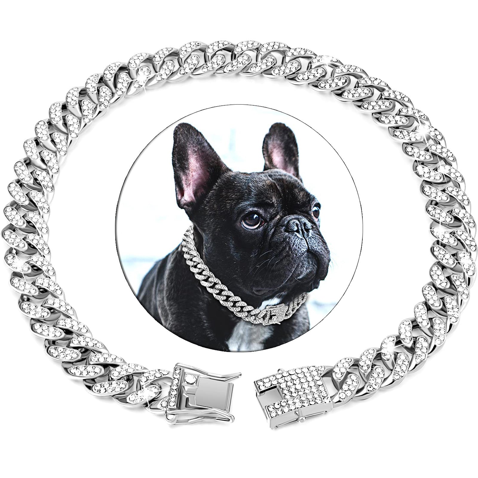 Sparkling Diamondoid Dog Collar: Secure Metal Chain & Buckle for Stylish Walks!