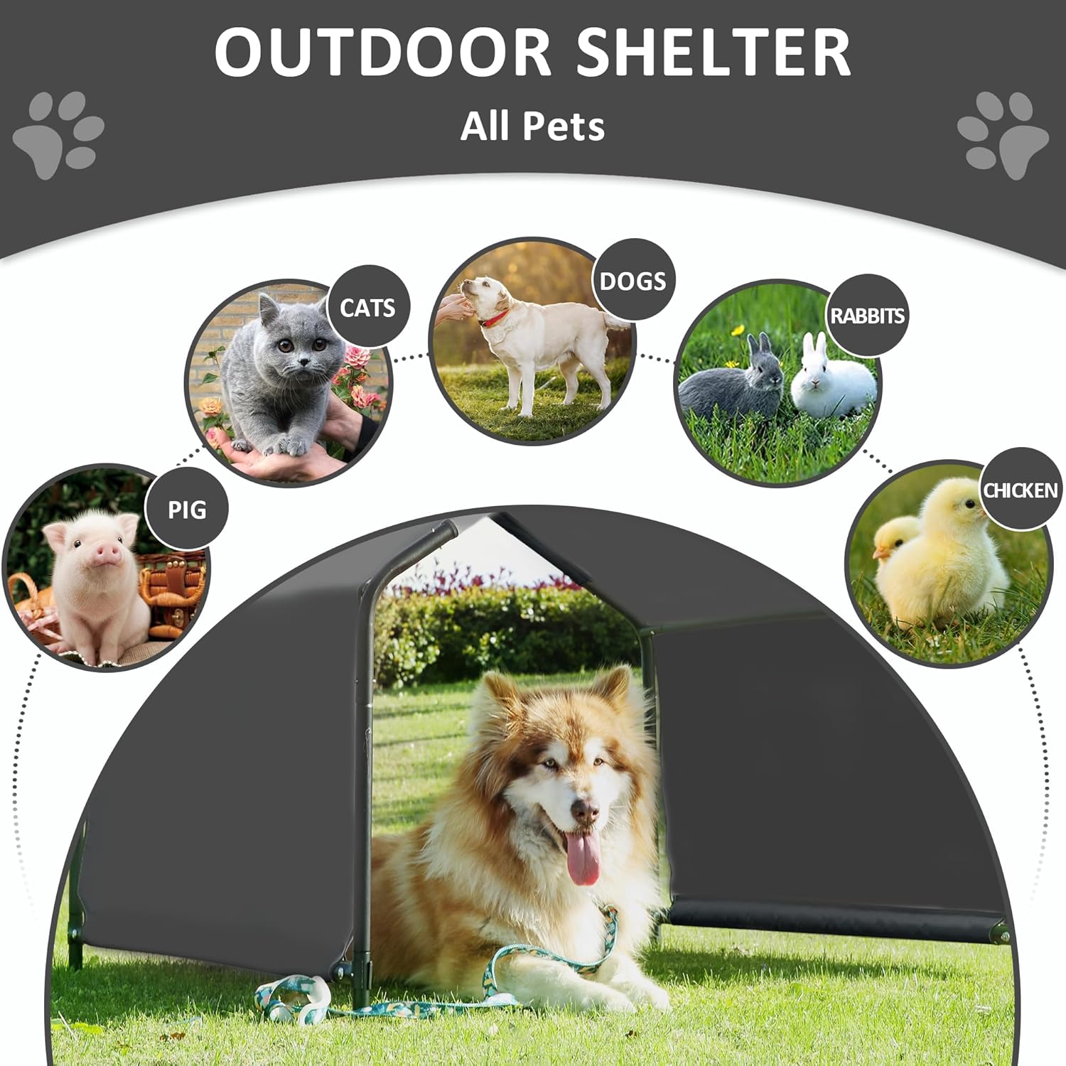 Dog Shade Shelter Outdoor Deep Grey Tent for Large Medium Dogs, 4'x4'x3' Outside Sun Rain Canopy Pet House for Cats Pigs Livestock with Waterproof Roof Ground Nails