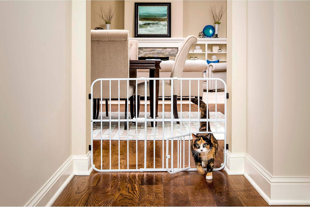Pet Products Tuffy Metal Expandable Pet Gate, Includes Small Pet Door, 24 x 22-38 Inch, White
