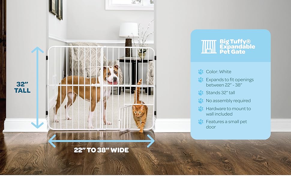 Carlson Extra Tall Metal Expandable Pet Gate White, Includes Small Pet Door 32" Tall x 22" - 38" Wide