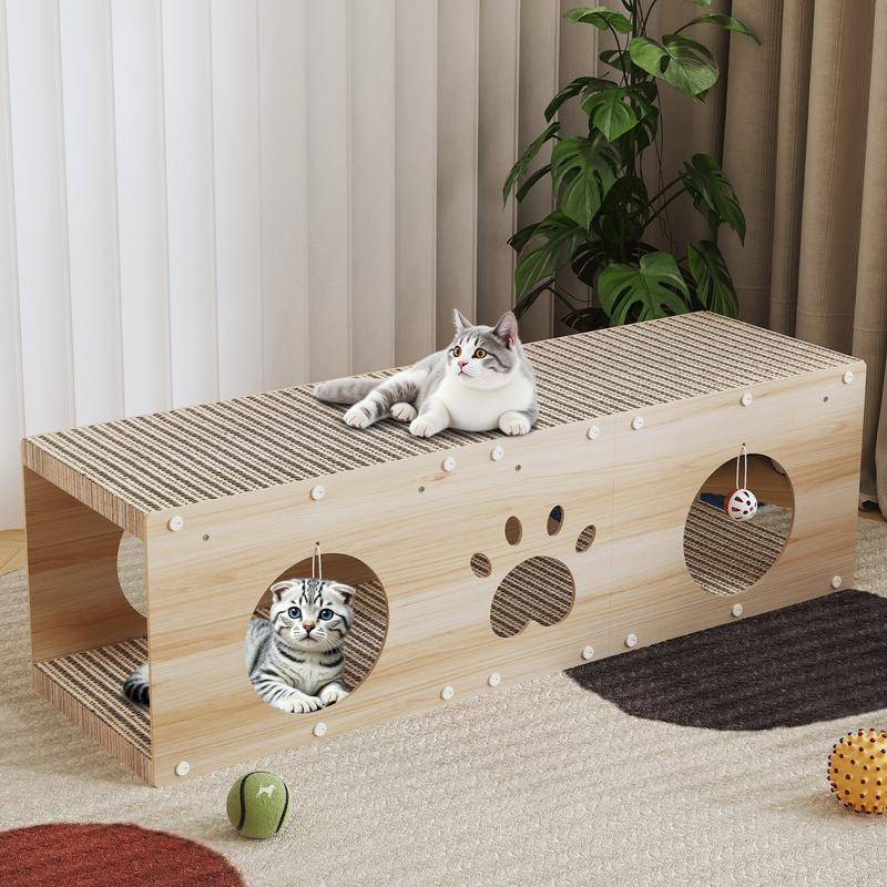 Large Wooden Cat House & Scratcher with Ball Toy  2-in-1 Pet Furniture