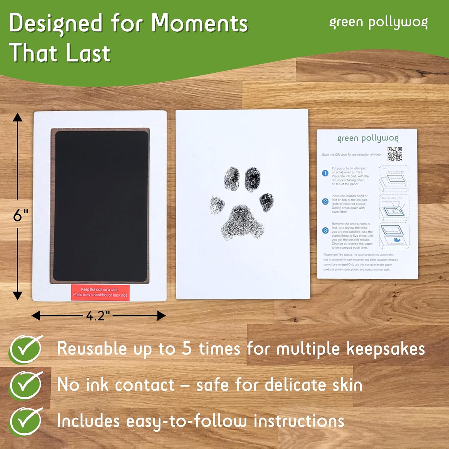 Green Pollywog Extra-Large Clean Touch Inkless Ink Pad Paw Print Stamp Kit |