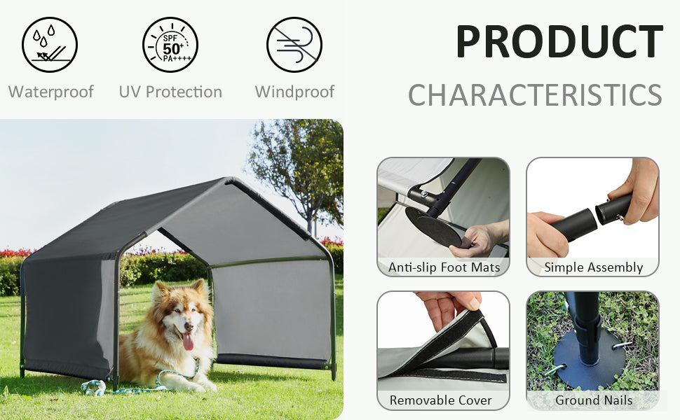 Dog Shade Shelter Outdoor Deep Grey Tent for Large Medium Dogs, 4'x4'x3' Outside Sun Rain Canopy Pet House for Cats Pigs Livestock with Waterproof Roof Ground Nails