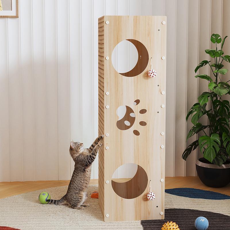 Large Wooden Cat House & Scratcher with Ball Toy  2-in-1 Pet Furniture