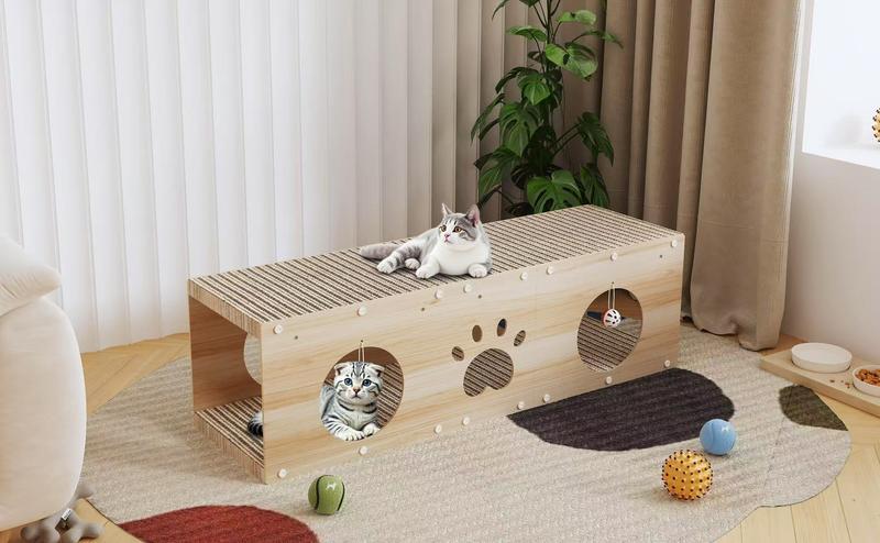 Large Wooden Cat House & Scratcher with Ball Toy  2-in-1 Pet Furniture