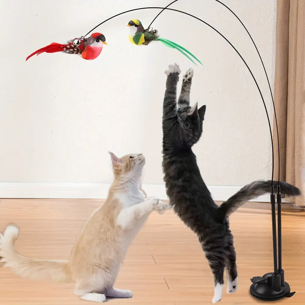 Interactive Cat Teaser Wand Set with Realistic Birds - Handfree Long Pole & Double Rod
