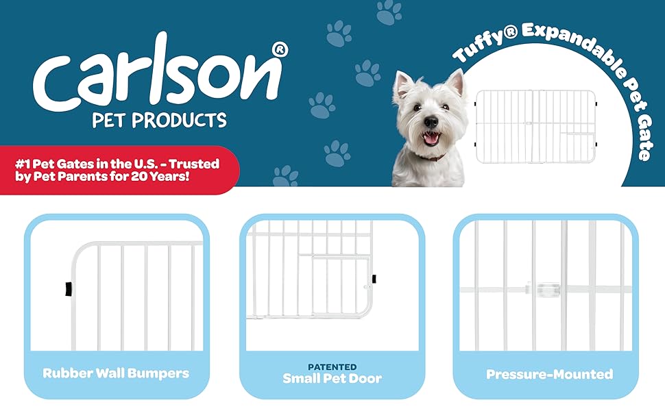 Pet Products Tuffy Metal Expandable Pet Gate, Includes Small Pet Door, 24 x 22-38 Inch, White