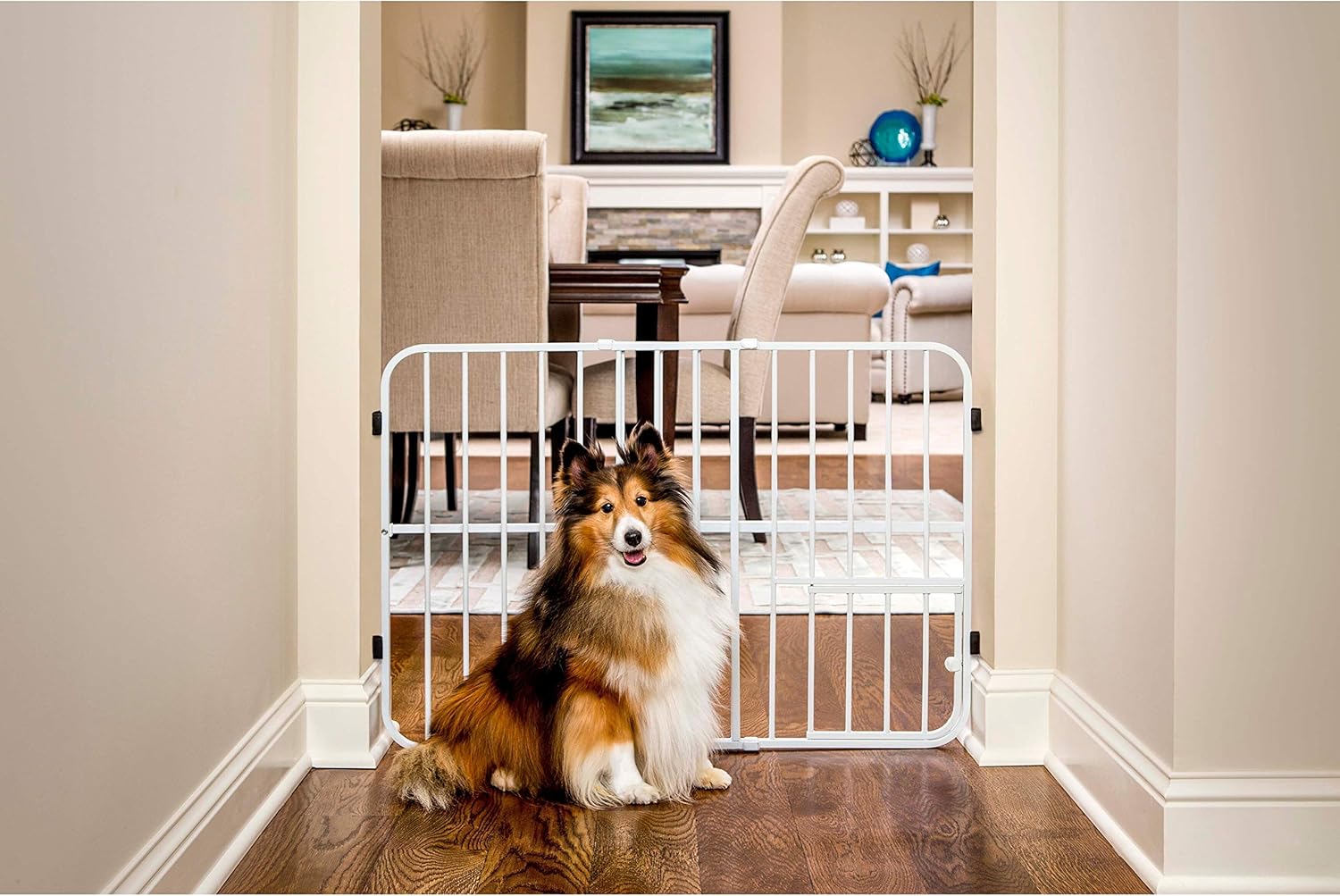 Pet Products Tuffy Metal Expandable Pet Gate, Includes Small Pet Door, 24 x 22-38 Inch, White