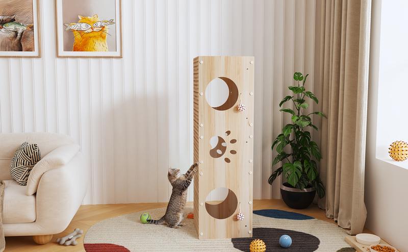Large Wooden Cat House & Scratcher with Ball Toy  2-in-1 Pet Furniture
