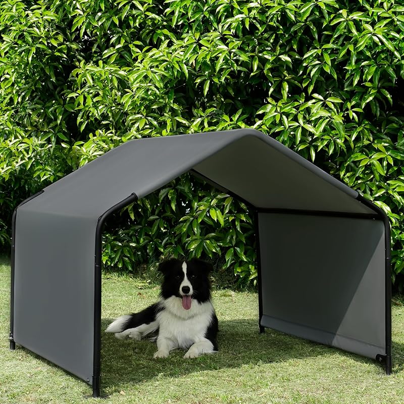 Dog Shade Shelter Outdoor Deep Grey Tent for Large Medium Dogs, 4'x4'x3' Outside Sun Rain Canopy Pet House for Cats Pigs Livestock with Waterproof Roof Ground Nails