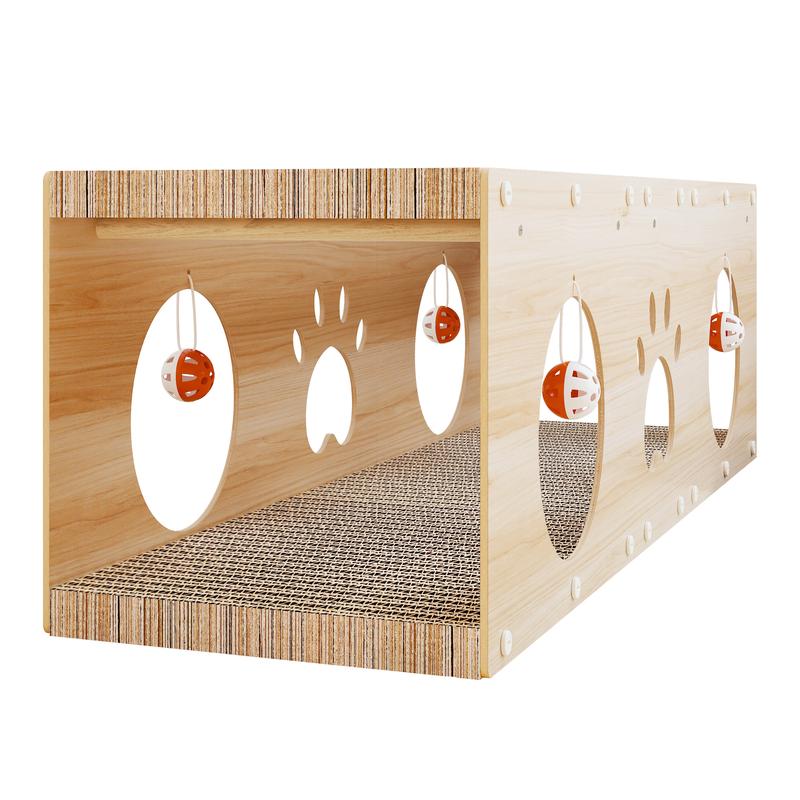 Large Wooden Cat House & Scratcher with Ball Toy  2-in-1 Pet Furniture