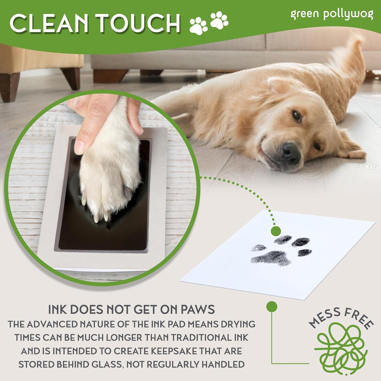 Green Pollywog Extra-Large Clean Touch Inkless Ink Pad Paw Print Stamp Kit |