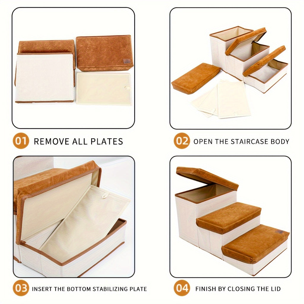 3-Step Foldable Pet Stairs with Storage