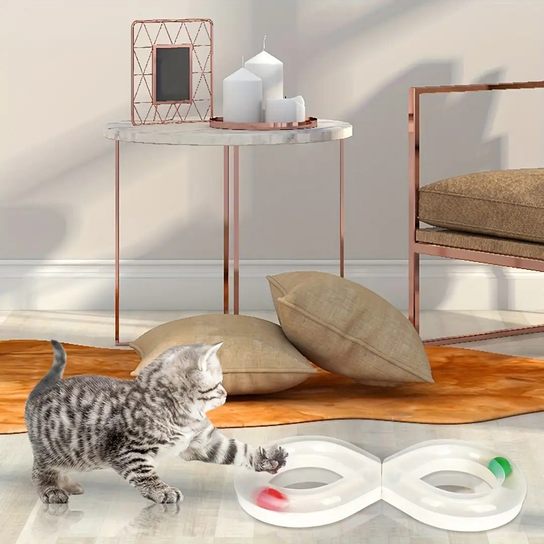 Interactive Cat Turntable Track Toy - Infinity Loop Design with Red Pill-like object