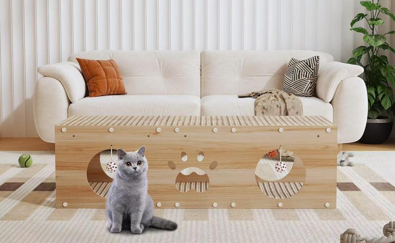 Large Wooden Cat House & Scratcher with Ball Toy  2-in-1 Pet Furniture