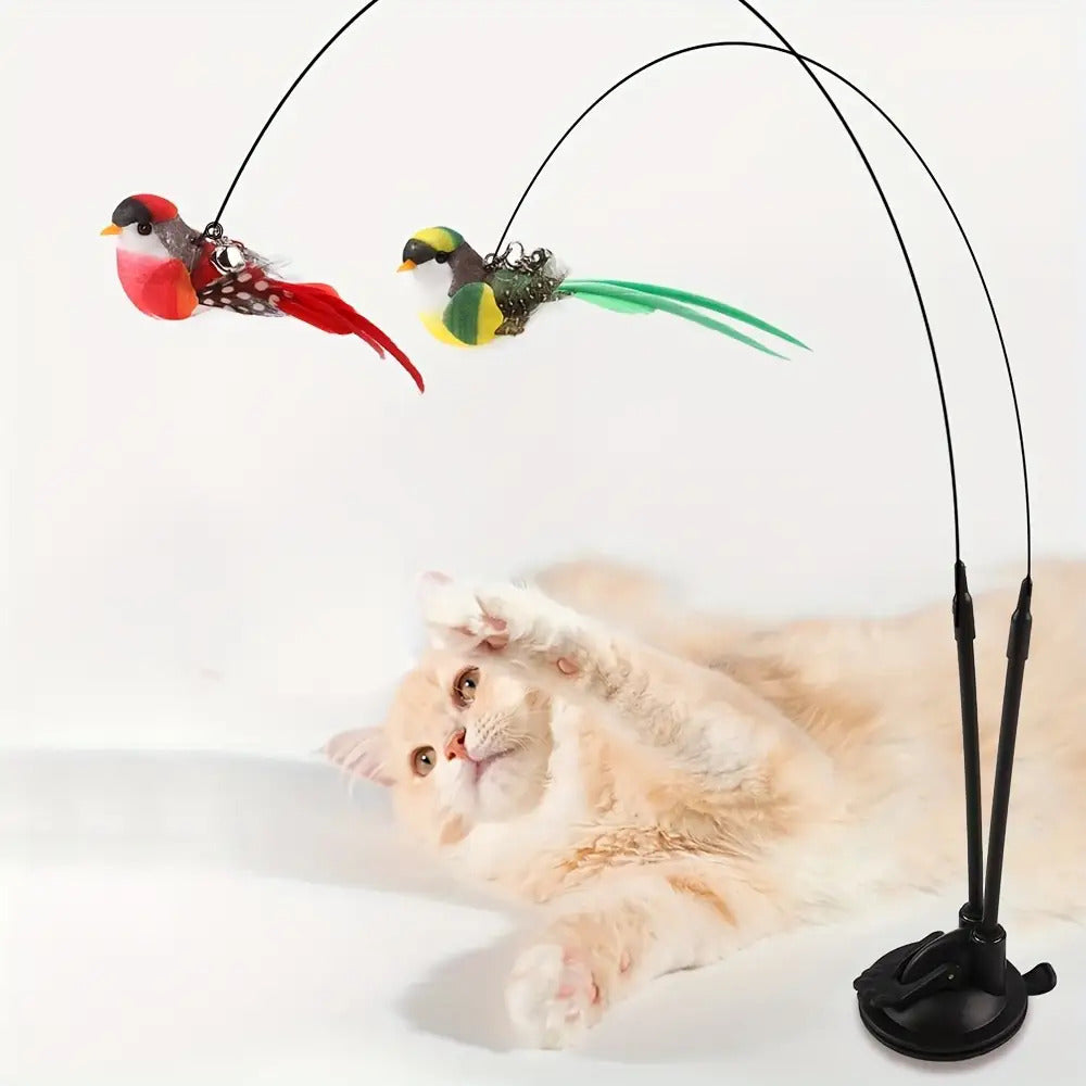 Interactive Cat Teaser Wand Set with Realistic Birds - Handfree Long Pole & Double Rod