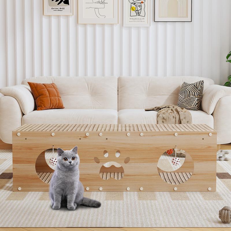 Large Wooden Cat House & Scratcher with Ball Toy  2-in-1 Pet Furniture