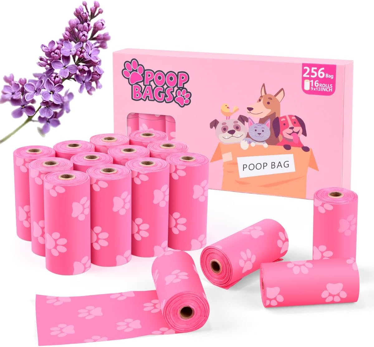 Poop Bags Rolls 256 Count - 9x13 Inches Pink Thickened Leakproof Lavender scent Poo Bags