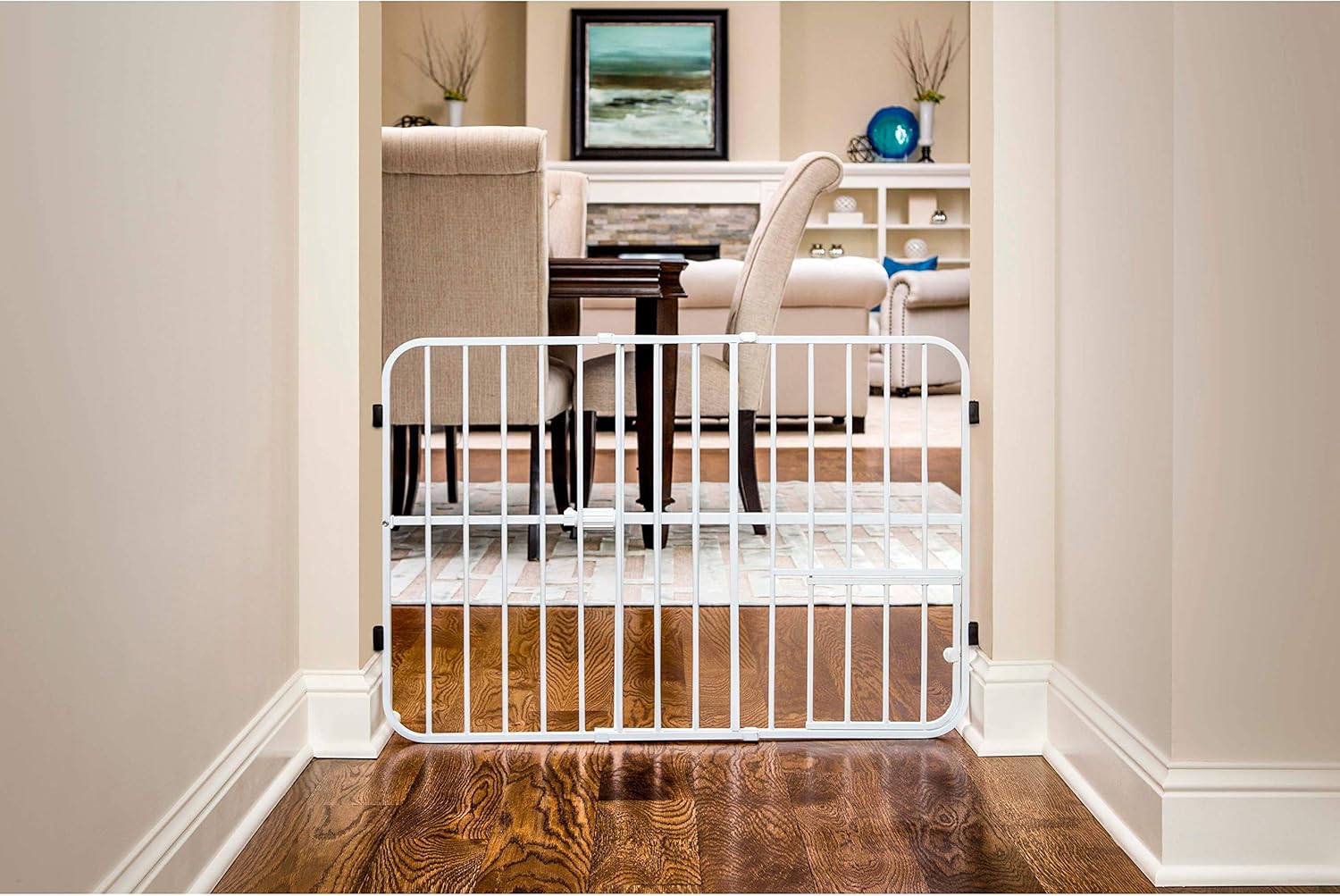 Pet Products Tuffy Metal Expandable Pet Gate, Includes Small Pet Door, 24 x 22-38 Inch, White